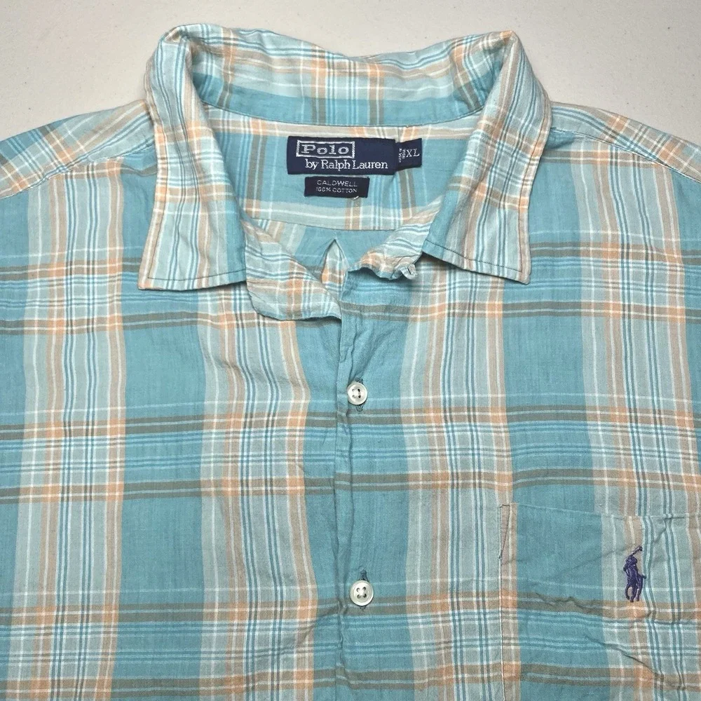 Polo by Ralph Lauren Caldwell Madras Camp Shirt XL Loop Collar Blue Orange Plaid